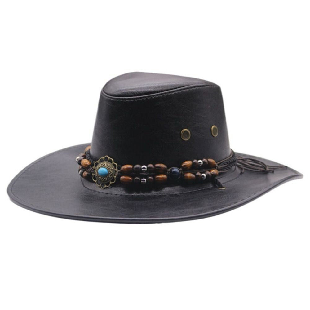 Simple PU Leather Western Cowboy Hat Big Brim Drawstring Sunscrean Bucket Cap Outdoor Travel Hat Hiking Hat Fisherman Hat Travel