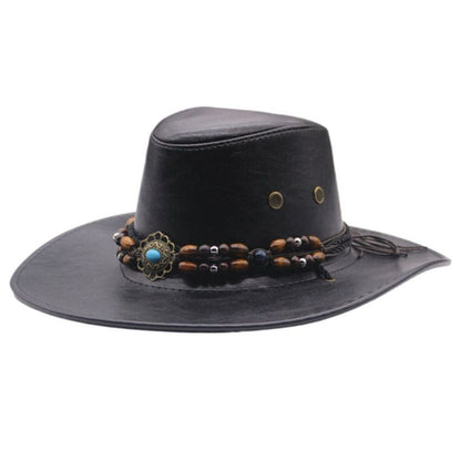 Simple PU Leather Western Cowboy Hat Big Brim Drawstring Sunscrean Bucket Cap Outdoor Travel Hat Hiking Hat Fisherman Hat Travel