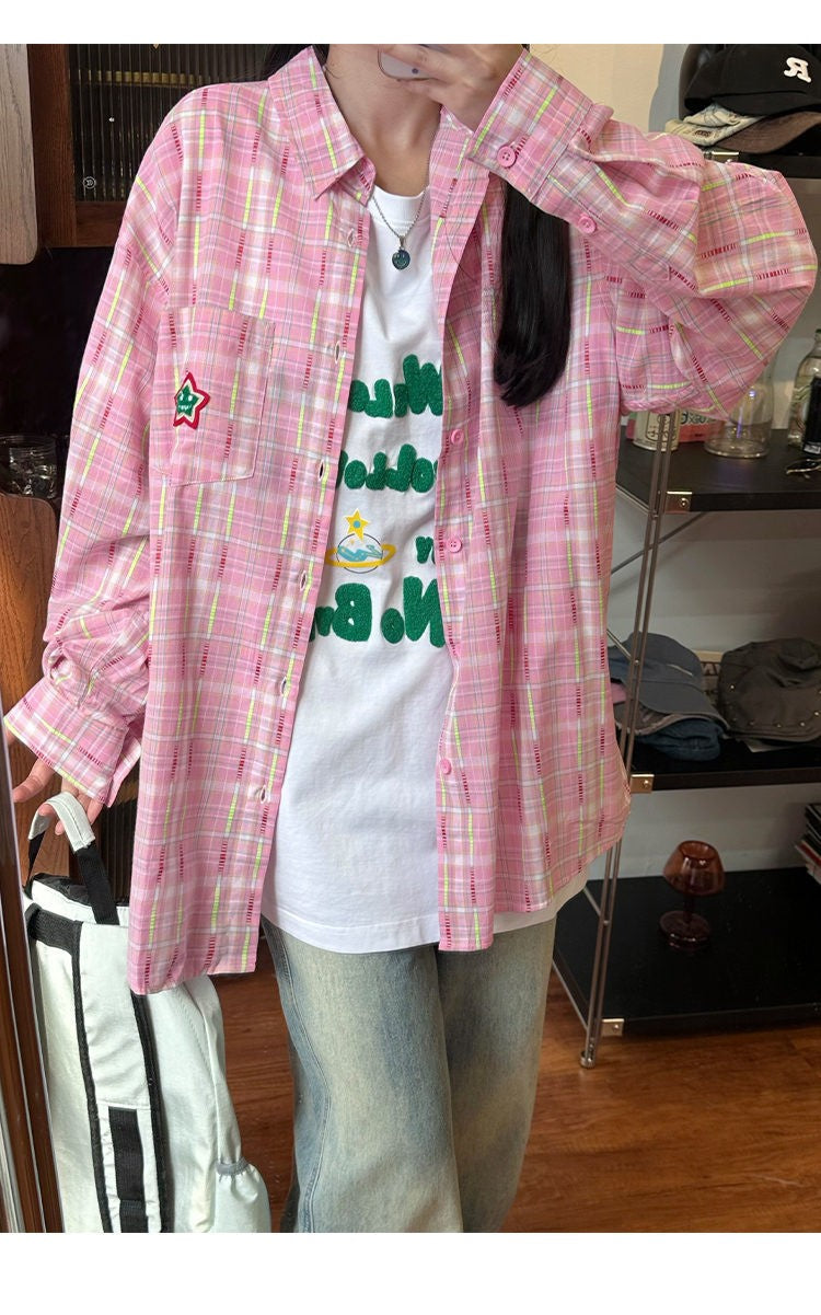 Ice Blue Plaid Long Sleeve Shirt Unisex Premium Cleanfit Denim Fabric V-neck Open Cardigan Style Holiday Vibes Short Length