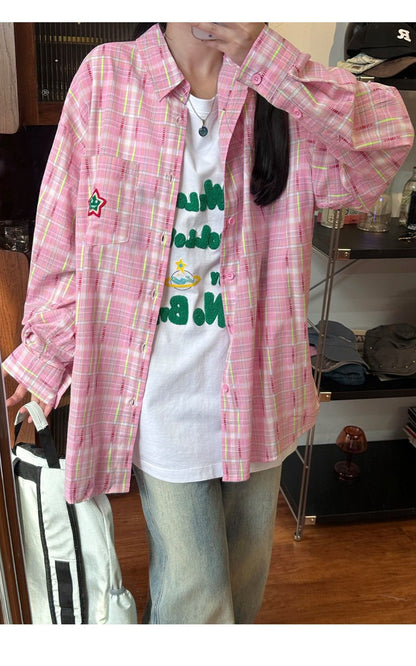 Ice Blue Plaid Long Sleeve Shirt Unisex Premium Cleanfit Denim Fabric V-neck Open Cardigan Style Holiday Vibes Short Length