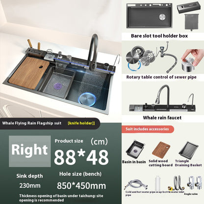 Stainless Steel Waterfall Kitchen Sink Digital Display Faucet Set Embossed Extra Large Single Slot Multiple Types of sinks