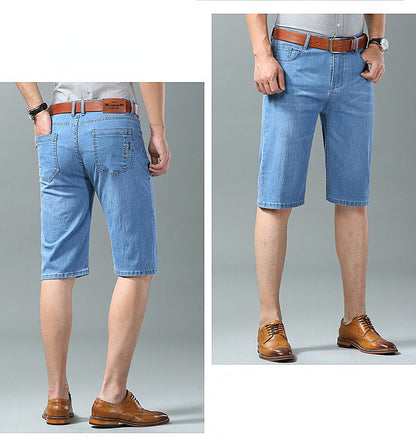Summer Men Denim Shorts New Style Thin Embroidery Business Casual Straight  Short Jeans Male Brand Clothing Black Blue