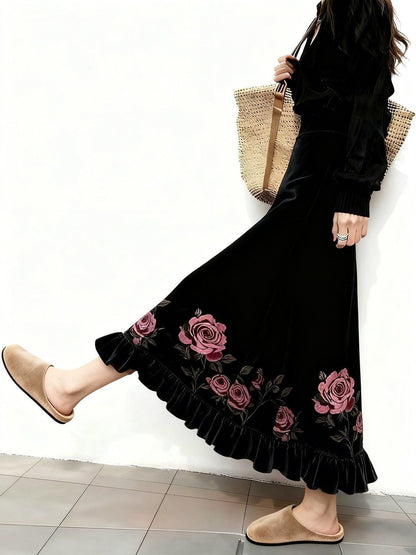 Women Clothes Autumn Winter Fashion Simplicity All-match Printing Solid Color Female Temperament Pleuche High Waist A-line Skirt