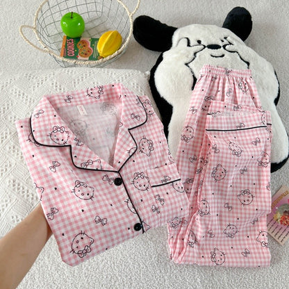 Hello Kitty Cute Kawaii Pajama Set for Women Autumn Soft Fabric Comfort Plaid Loungewear 2 Piece Long Sleeve Top Pants Sleepwear