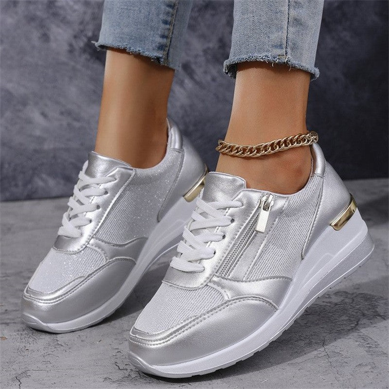 Fashion Thick Bottom Silver Sneakers Women 2025 Spring Wedge Heel Vulcanized Shoes Woman Comfortable Lace Up Sport Sneaker Mujer