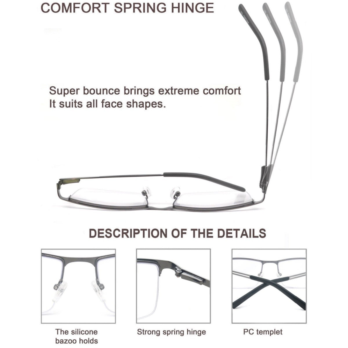Blue Light Reading Glasses Men Computer Readers Anti Glare Metal Frame with Spring Hinge UV400 Protection Eye Strain Relief
