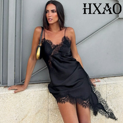 HXAO Female Lace Dress Sleeveless Slip Short Dresses Women Summer Asymmetric Elegant Night Dresses Backless Sexy Evening Dress