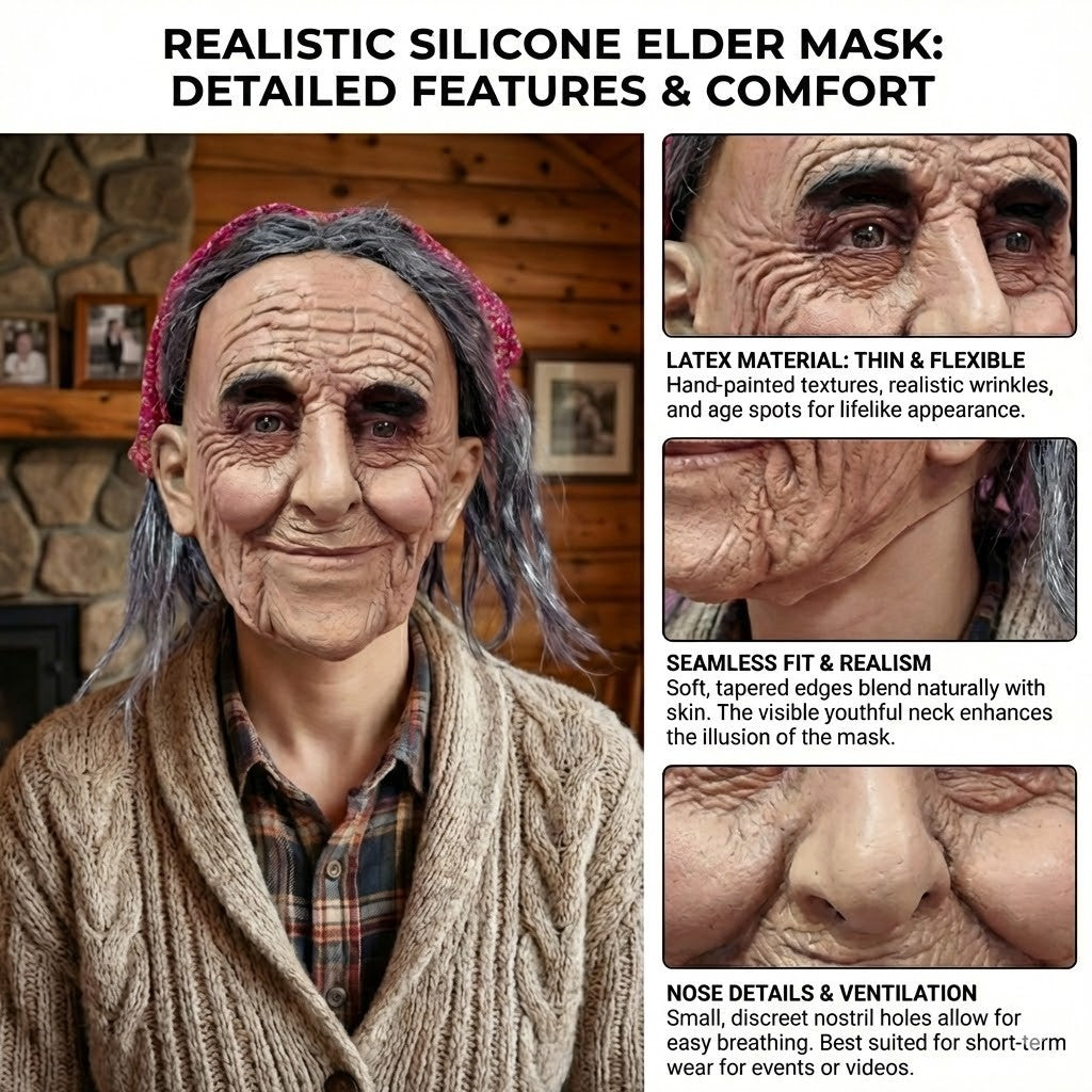 Unique Old Grandma Mask Halloween Carnival Costume Party Realistic Peasant Woman Performance Mask