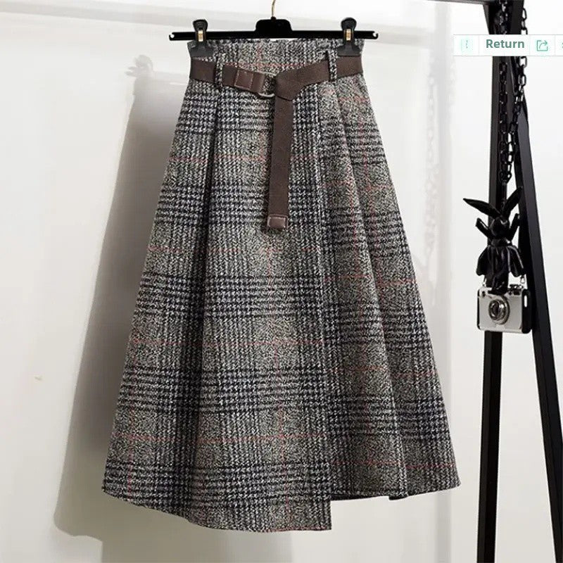 WoolenPlaid Irregular Large-Length Skirt New Spring-Autumn Vintage High-Waisted Slimming Medium-Length Women's Skirt