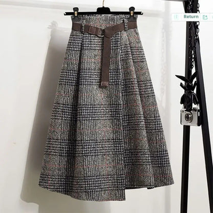 WoolenPlaid Irregular Large-Length Skirt New Spring-Autumn Vintage High-Waisted Slimming Medium-Length Women's Skirt