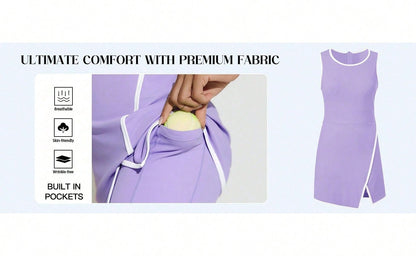 Women's Tennis Dress With Built-In Shorts & Pockets, Sleeveless Athletic Mini Dress With Bra, Golf Sports Dress