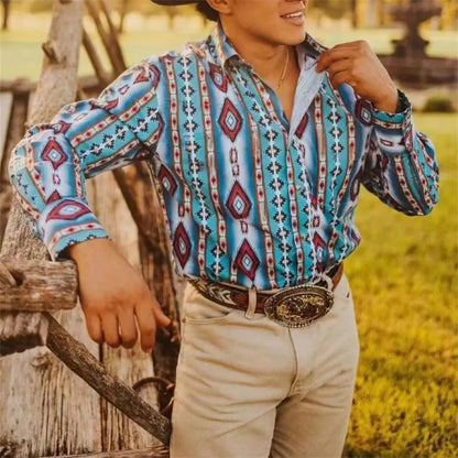 Men's Buttoned Shirt Spring Summer Long Sleeve Mexican Western Denim Comfortable Outdoor Farm Work Fit Easy Clean Large Size 6XL