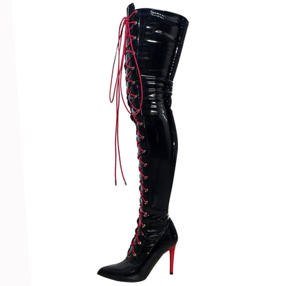 13CM Thin Heel Black Lace-up Over the knee Boots Woman Fetish Pointy Toe Boots Elastic Leather Thigh High Sexy Women Party Shoes