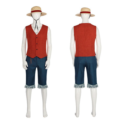 Monkey D Luffy Cosplay Costume for Men Adult Anime Outfit Halloween Party Red Vest Shorts Straw Hat Rope Set