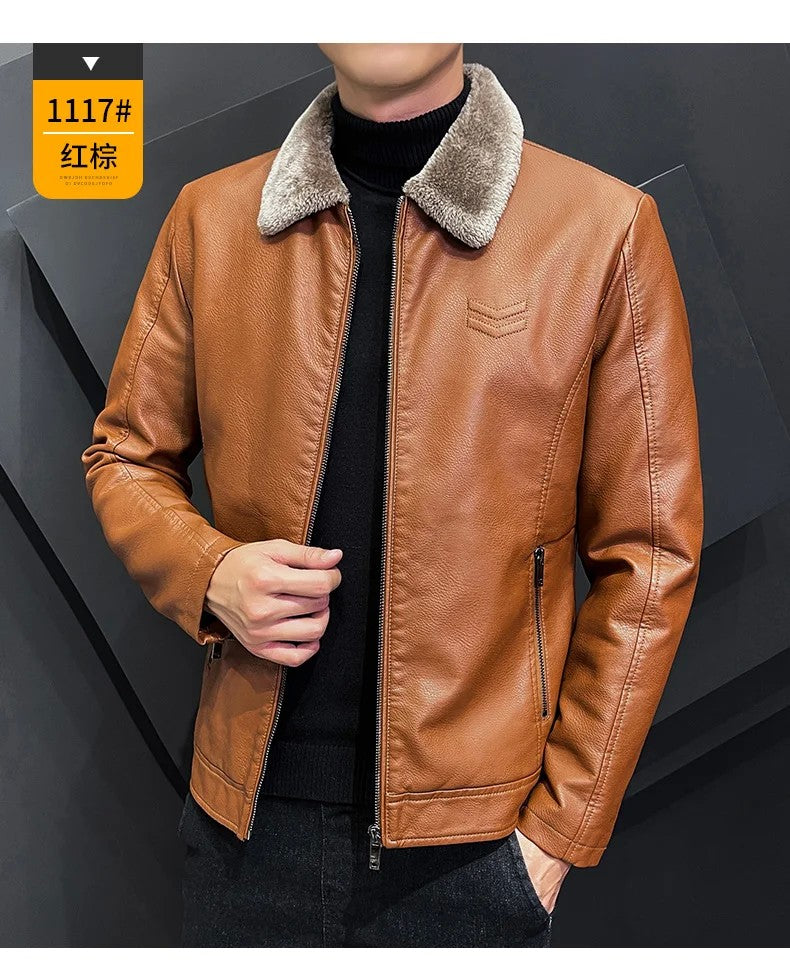 Vintage Brown Leather Jacket Men's Winter Faux Fur Collar Windproof Warm Coat Male Luxury Clothing Brand chaqueta cuero hombre