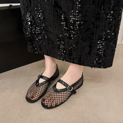 In Summer, Wear Round Toe, Straight Buckles, Casual and Comfortable, Women's Flats, Cut-out Mary Jane Single Shoes,fishnet Shoes