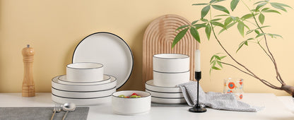 Porcelain Dinnerware Sets for 4, 12 Pieces Ceramic Plates and Bowls Set, Classic Modern Simple Kitchen Dinner Dining Ware Set, D