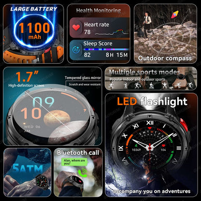 2026 New 1.7-inch Military sports SmartWatch 1100mAh large battery Outdoor compass flashlight 5ATM waterproof BT Call SmartWatch