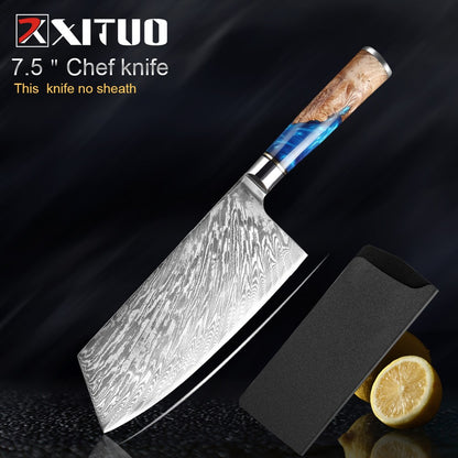 XITUO Kitchen Knives Set Damascus Steel VG10 Chef Knife Cleaver Paring Bread Knife Blue Resin Stabilised Wood Handle 1-7PCS set