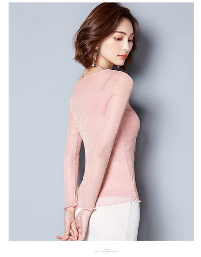 2025 Glitter Mesh Blouse Sexy Womens Shirts Long Sleeve Tops Korean Black Pink O-Neck Elegant Slim Blouse Camisas Femininas