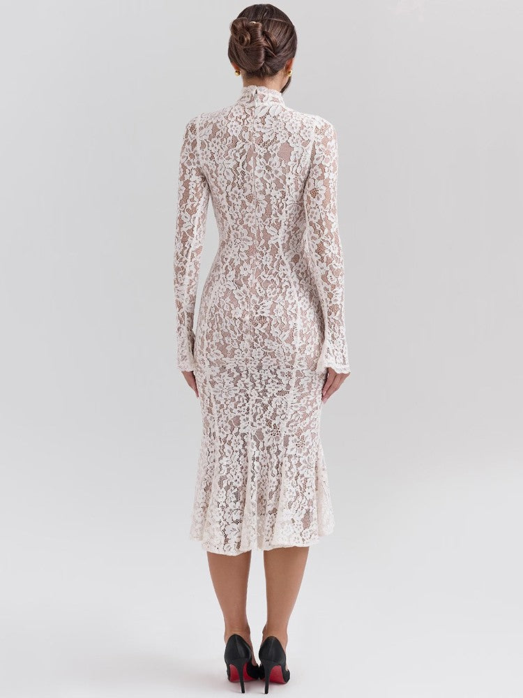 Mozision Lace Long Sleeve Sexy Midi Dress For Women Elegant White Half High Coll