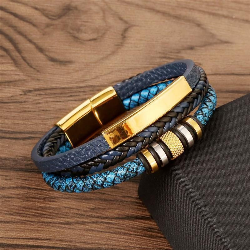 Pulseira de Couro Masculina Punk com Fecho Magnético de Aço Inoxidável Trançado em Camadas Envoltório de Couro Pulseiras Presente Joias Masculinas