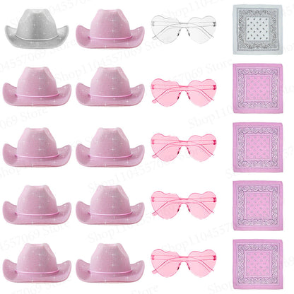 6-48Pcs Sparkly Cowboy Hat for Wedding Bachelorette Party Cowgirl Hats with Bandanas Heart Sunglasses Western Party Supplies