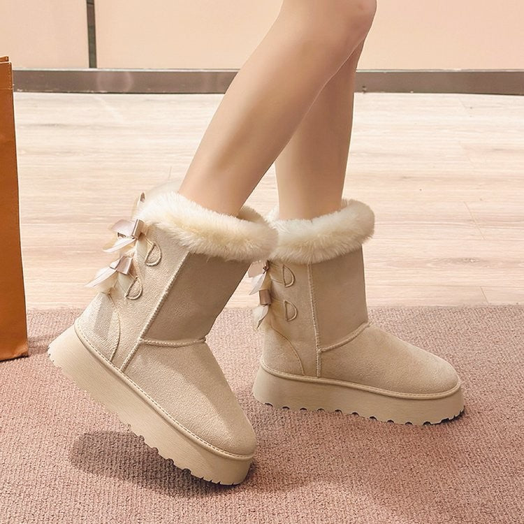 2024 Winter New Thick-soled Mid-tube Snow Boots Bow Furry Mouth Plus Fluffy Thick Cotton Boots Casual Everything
