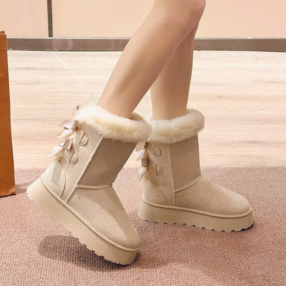 2024 Winter New Thick-soled Mid-tube Snow Boots Bow Furry Mouth Plus Fluffy Thick Cotton Boots Casual Everything