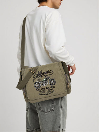 Vintage Men Canvas Messenger Bag Crossbody Bags Unisex Motorcycle Print Shoudler Bag Large Capacity Commuting Bag