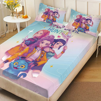 Conjunto de Lençóis Sem Costura K-Pop Demon Hunters Estampado 3 Peças Vários Tamanhos Macio Capa de Cama Roupa de Cama Lavável na Máquina