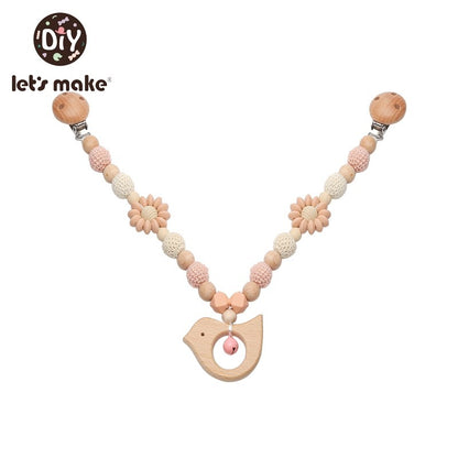 Let's Make Wood Teether Baby Bed Hanging Rattles Toy Make Noise Bird Elephant Shape Crochet Beads Bracelet Pram Clip Baby Rattle