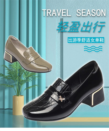 4.5cm British Style Deep Mouth Block Heels Shoes Women Loafers Bright Leather 2024 Spring Soft Leather Shoes for Office Mom