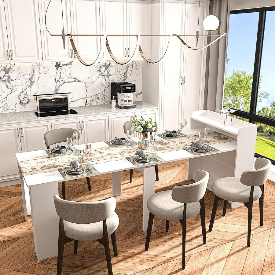 DMAITH 2099 White Extendable Dining Table with Storage for 210 People Modern Modular Extension Table SpaceSaving Extra Long Fol
