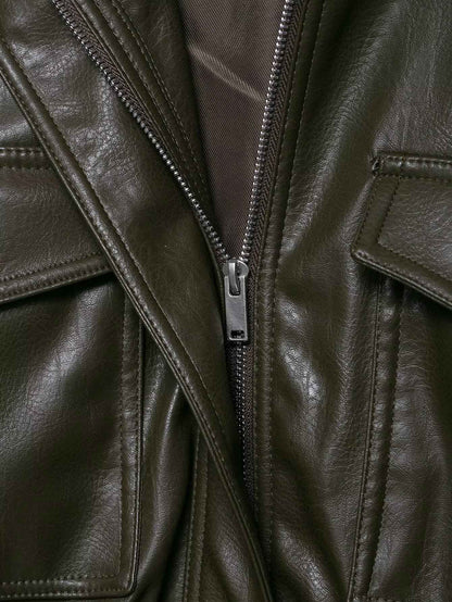 HH Women Large Front Pocket Jacket Vintage Solid Turtleneck Long Sleeve Zipper Faux Leather Jacket Fashion High Street Lady Coat