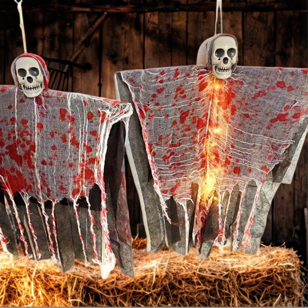 Halloween Party Hanging Skull Skeleton Ghost Ornament Horror Props Haunted House Decorations With Light Outdoor Decorations