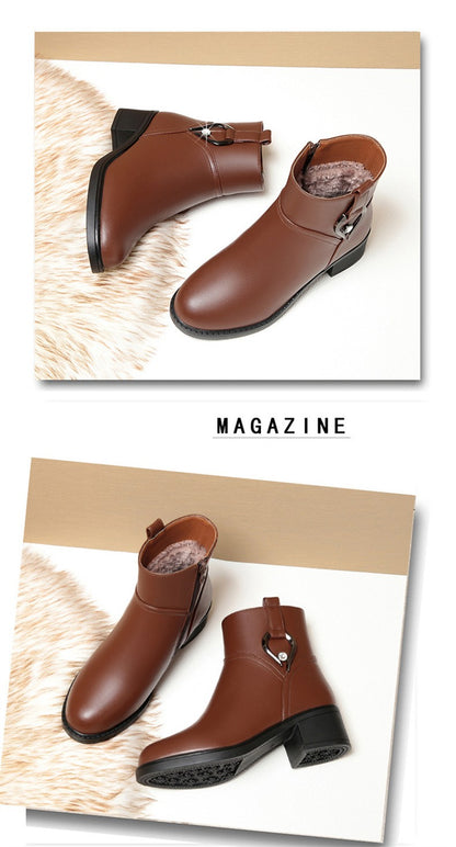 Women's Winter Waterproof Fashion Soft Leather Ankle Boots Mom Thick Plush Warm Cotton Shoes Thick Heel Platform Boots