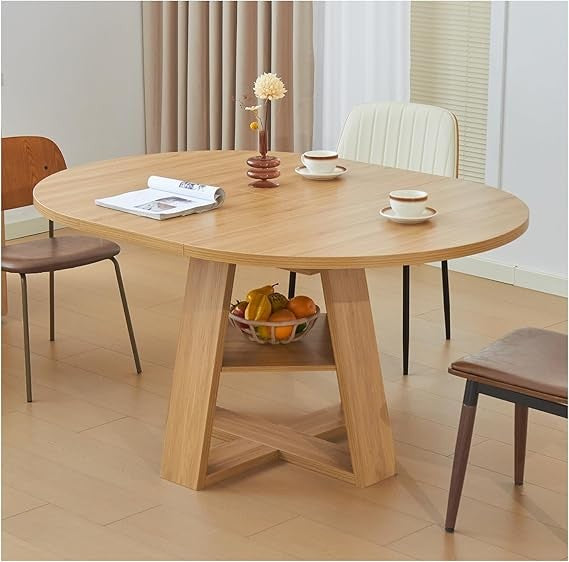 Mid Century Modern Extendable Dining Table Seats 4-8, Round & Oval with Hidden Leaves for Space-Saving, Cross Base Design