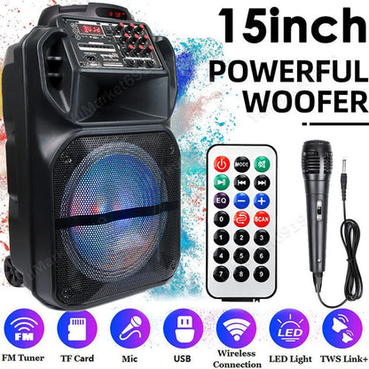 Caixa de Som Bluetooth Portátil 9000W Subwoofer 15” Graves Potentes Sistema de Festa AUX & Microfone Luz LED Karaokê de Alta Qualidade e Som Alto