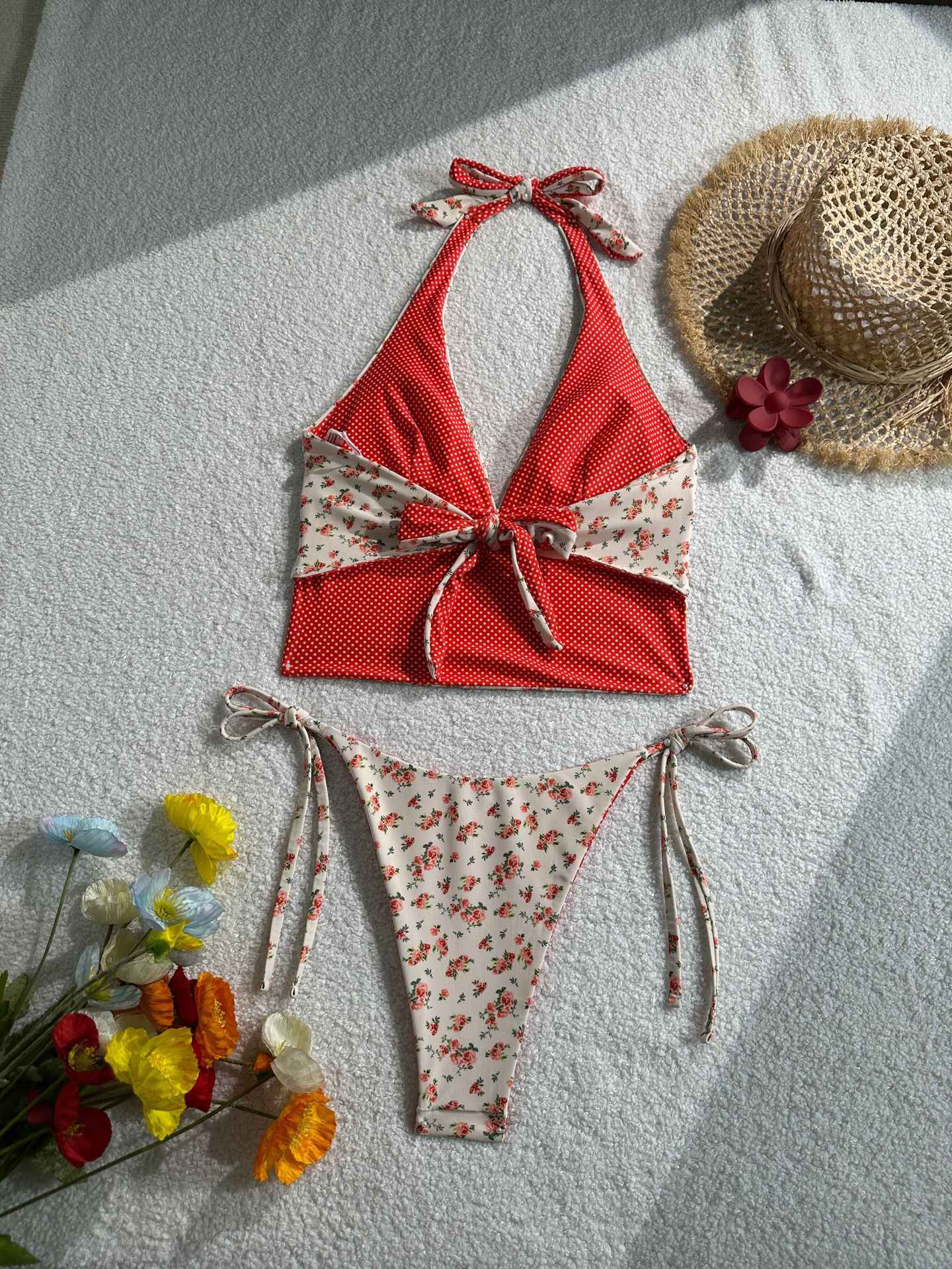 2025 Summer Floral Halter Bikini Women's Sexy Backless Swimwear with Tie Detail Summer Strappy Two Piece Bathing Suit Holiday