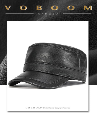 VOBOOM Winter Leather Cadet Army Cap Cabbies Adjustable Soft Flat Top Military Style Hat for Men