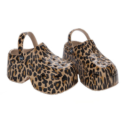 Leopard Thick Bottom Clogs for Women Closed Toe Chunky Platform Sandals Woman Summer 2023 Super High Wedge Heel Slippers Female
