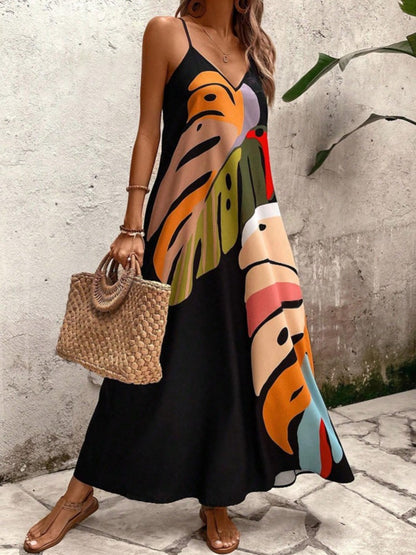 Women's elegant casual thin shoulder suspender A pendulum loose version long skirt summer fashion floral print dress