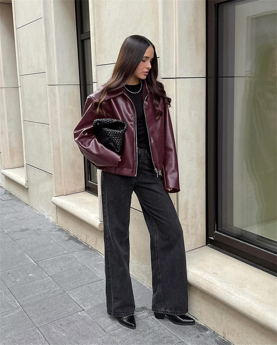 Jaqueta Feminina de Couro Sintético Vermelho Vinho Vintage, Casaco Moderno com Zíper e Lapela, Casacos de Outono Inverno, Blusas Curtas Femininas Estilo Streetwear