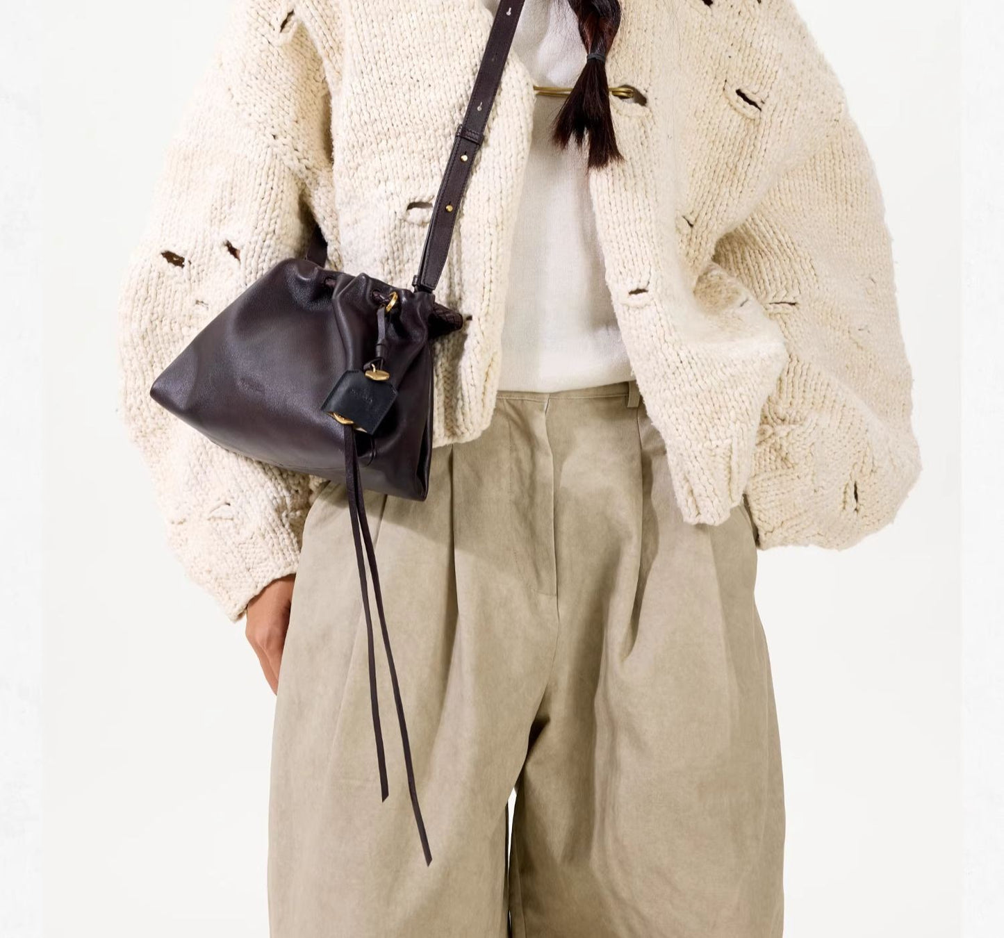 Songmont Genuine Leather Mini Bucket Bag Adjustable Drawstring Multi Straps White Black Blue Casual Chic Crossbody Bag Oversized