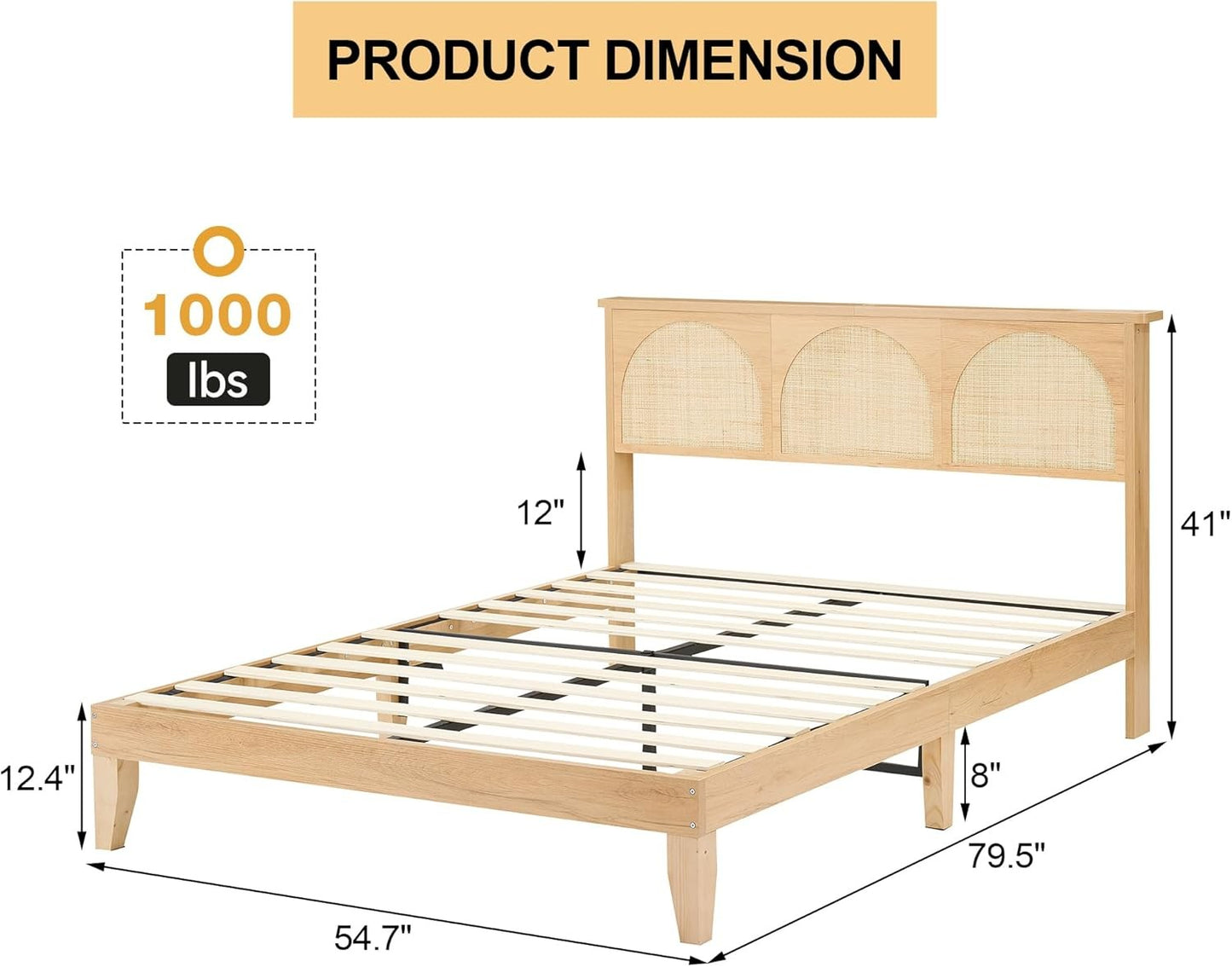 Estrutura de Cama de Casal com Cabeceira de Rattan Natural, Estrutura de Cama Plataforma de Casal com Luzes LED e Cabeceira de Rattan, Madeira