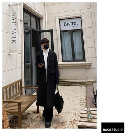 Mauroicardi Autumn Winter Long Warm Coffee Black Soft Woolen Coat Men Double Breasted Loose Casual Wool Blends Overcoat 2023