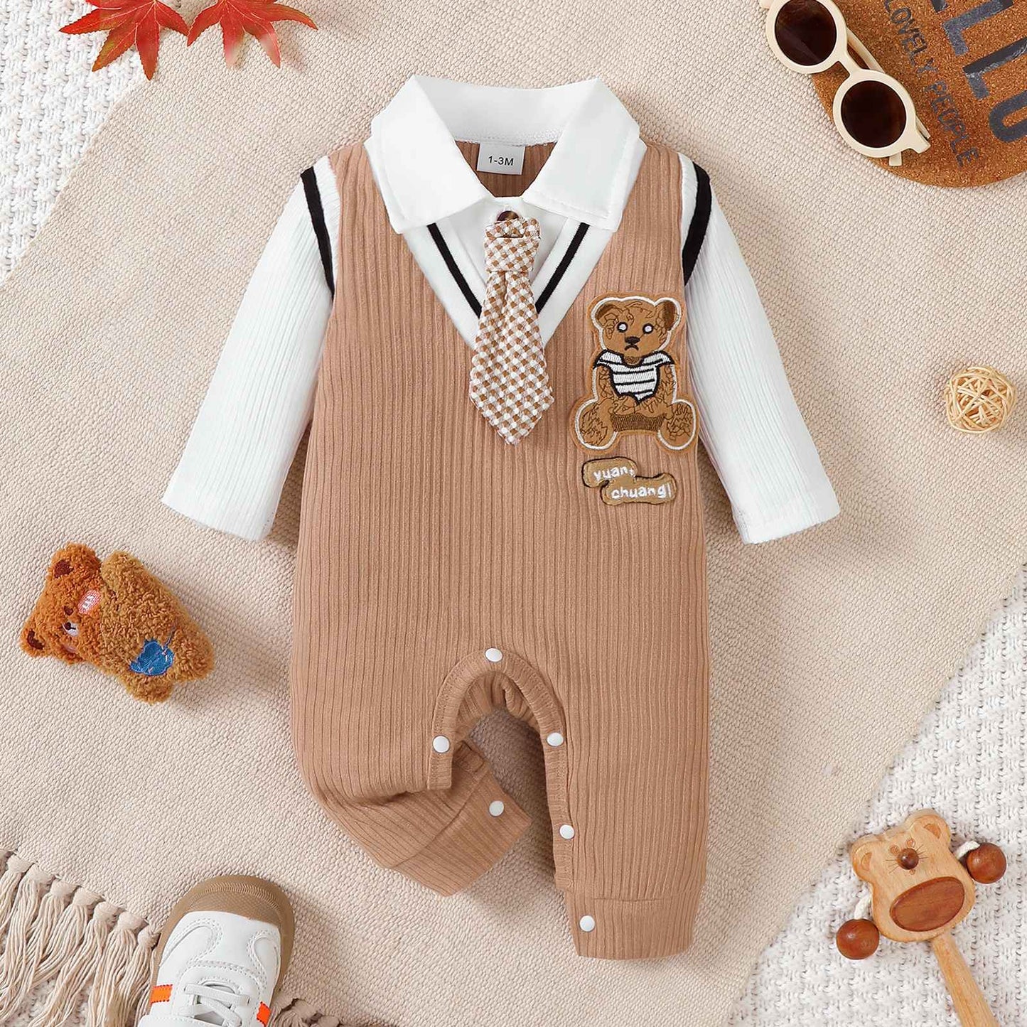 Baby boy Small Gentleman Jumpsuit Cartoon Teddy Bear Long sleeves Jumpsuit  for 0-18 Month Baby boys' Birthday Party Costumes