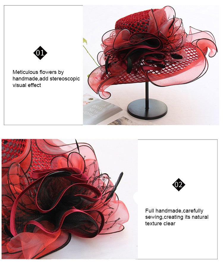 FS Mulheres Organza Vermelha Chapéus Casamento Fascinadores Elegante Grande Aba Larga Fedora Kentucky Derby Chapéus Festa Formal Igreja Chapéu Feminino
