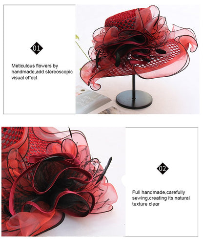 FS Mulheres Organza Vermelha Chapéus Casamento Fascinadores Elegante Grande Aba Larga Fedora Kentucky Derby Chapéus Festa Formal Igreja Chapéu Feminino